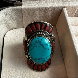 Chunky Turquoise and Coral Ring
